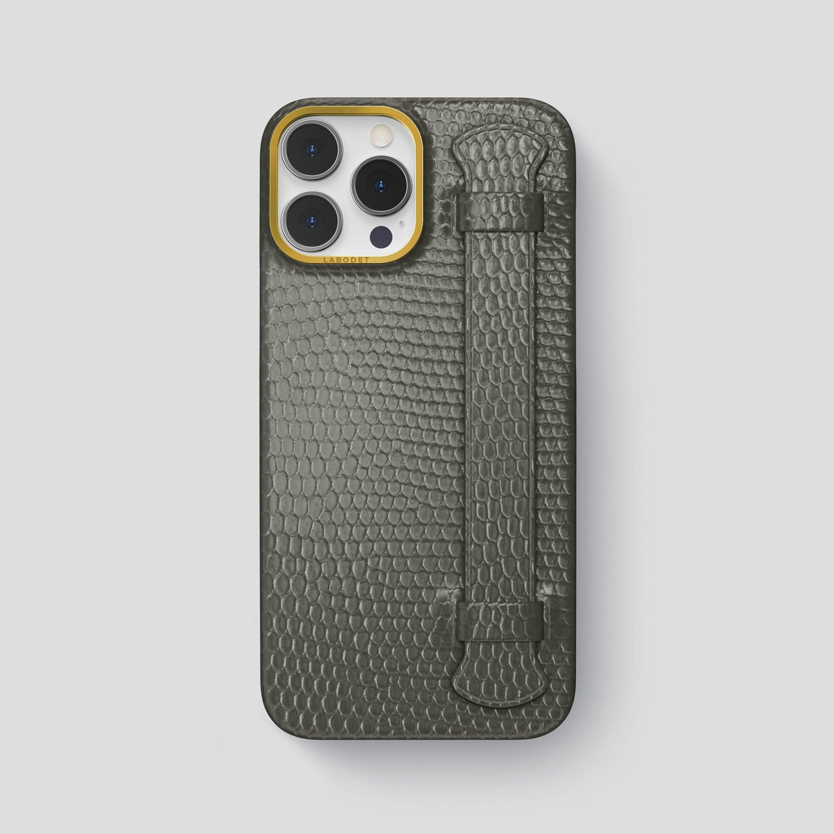 Grey iPhone 14 Pro Max Strap Case with Gold Metal -1 | Grey-Gold
