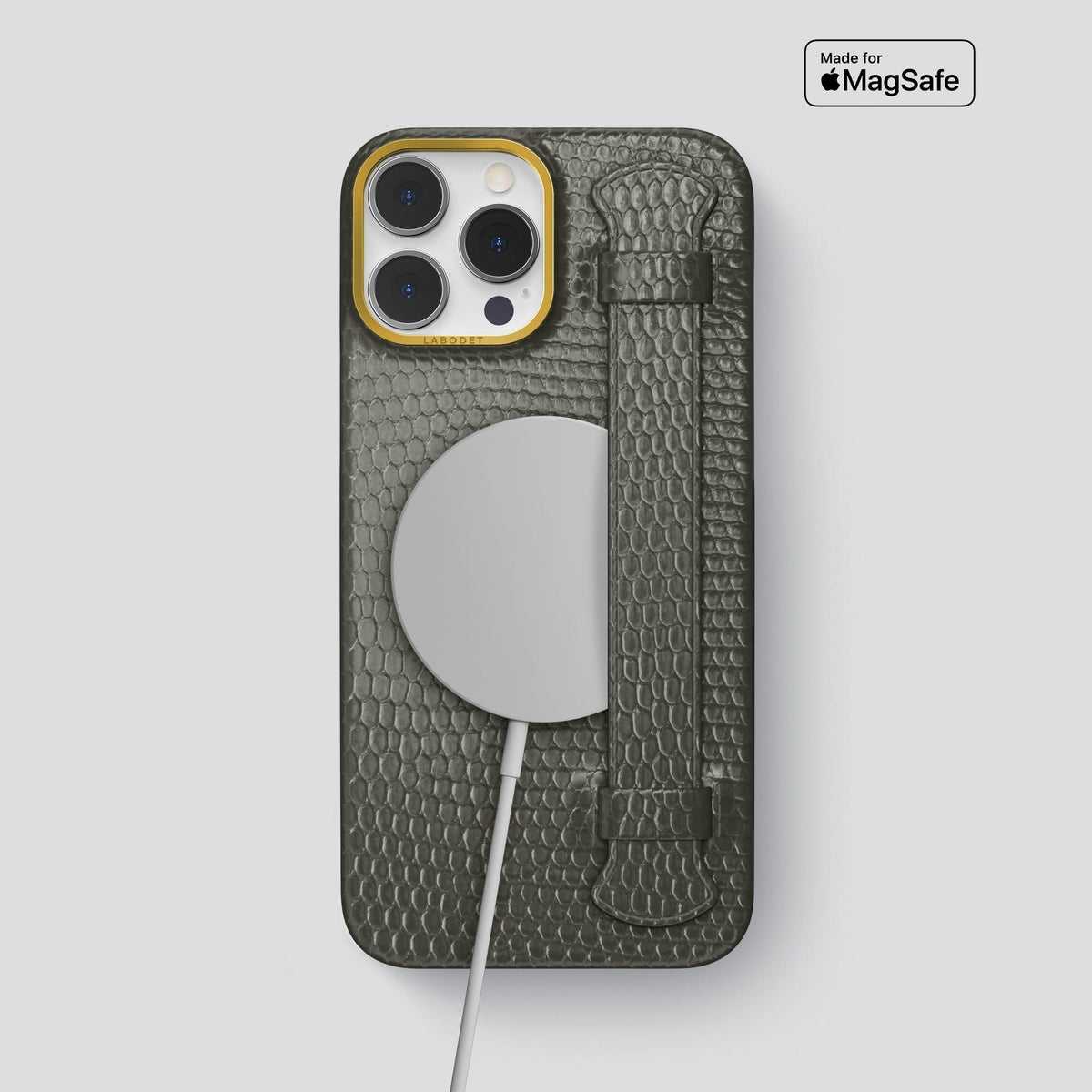 Grey iPhone 14 Pro Max Strap Case with Gold Metal -5 | Grey-Gold