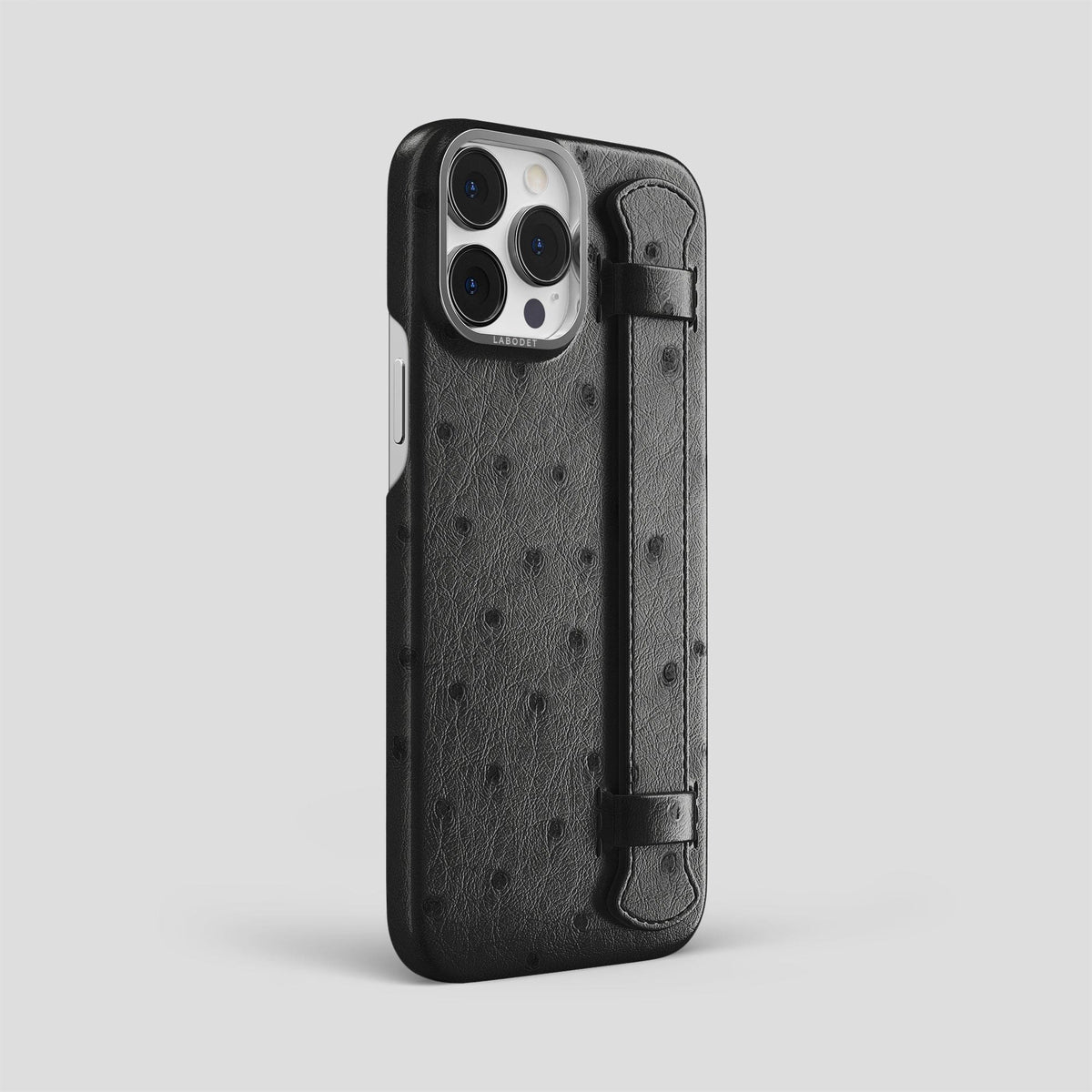 Black iPhone 14 Pro Max Handle Case Ostrich with Steel Metal -2 | Black-Steel