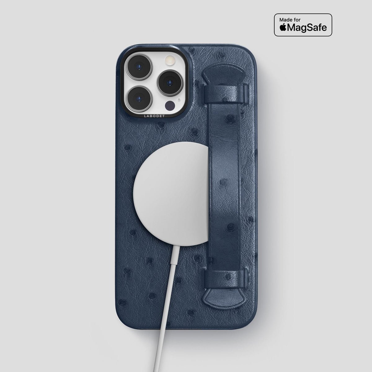 Navy-Blue iPhone 14 Pro Max Handle Case Ostrich with Black Metal -5 | Navy-Blue-Black