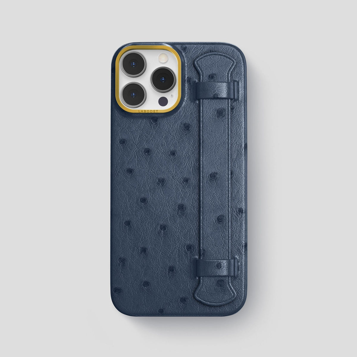 Navy-Blue iPhone 14 Pro Max Handle Case Ostrich with Gold Metal -1 | Navy-Blue-Gold