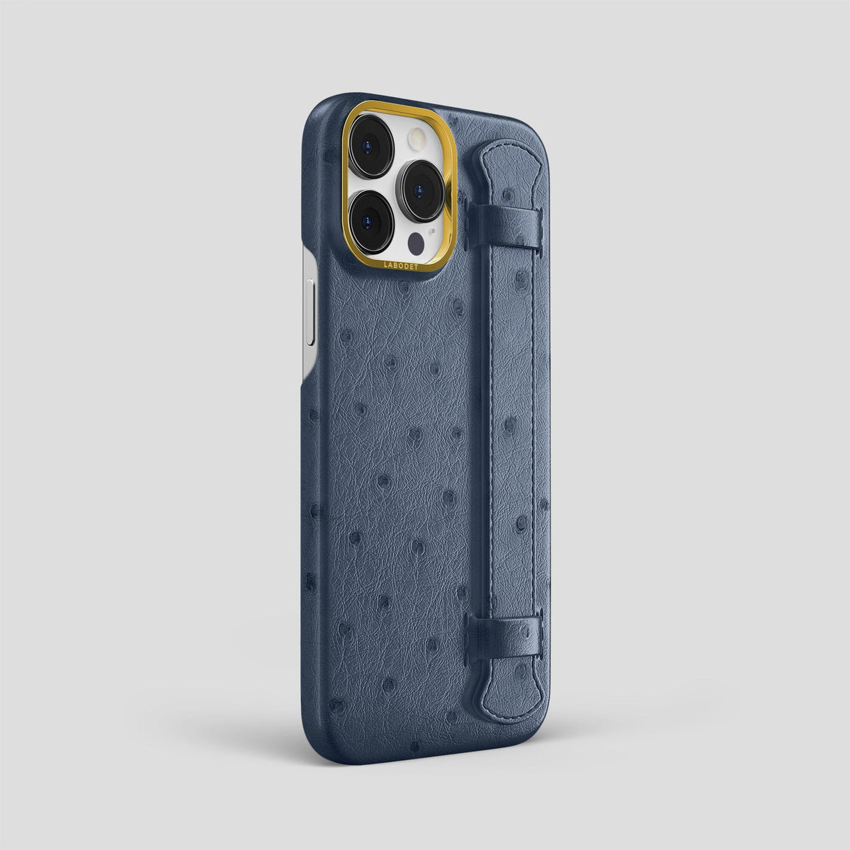 Navy-Blue iPhone 14 Pro Max Handle Case Ostrich with Gold Metal -2 | Navy-Blue-Gold