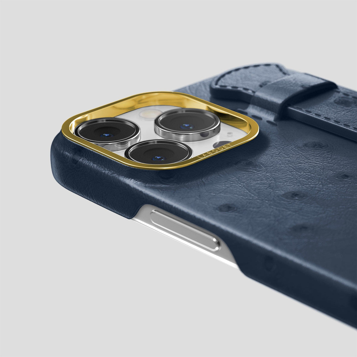 Navy-Blue iPhone 14 Pro Max Handle Case Ostrich with Gold Metal -6 | Navy-Blue-Gold