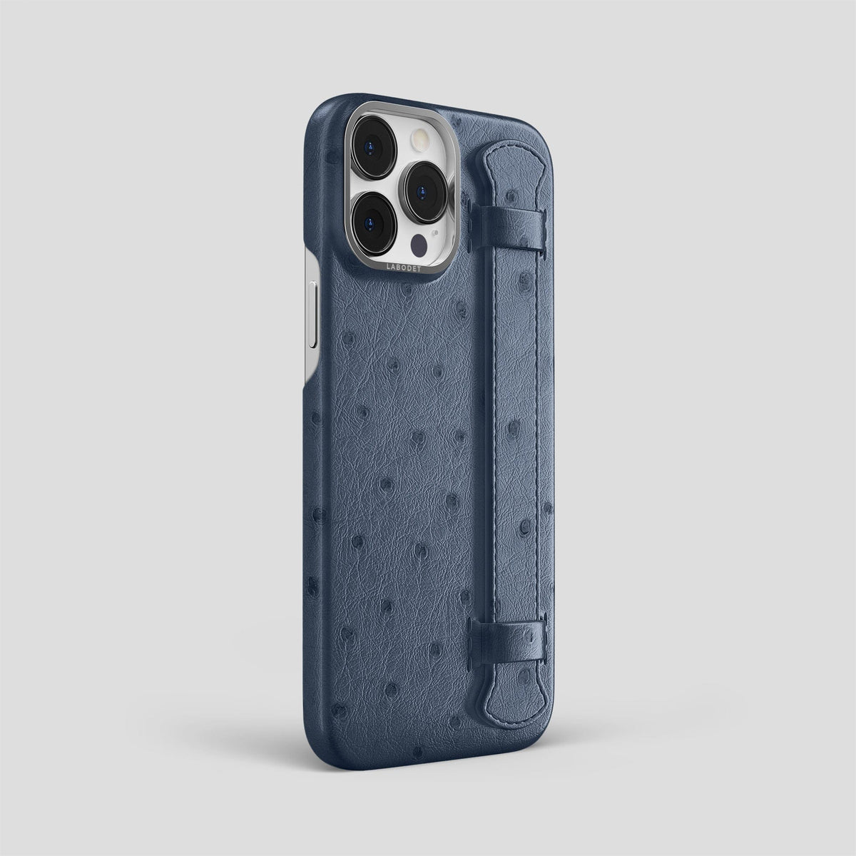 Navy-Blue iPhone 14 Pro Max Handle Case Ostrich with Steel Metal -2 | Navy-Blue-Steel