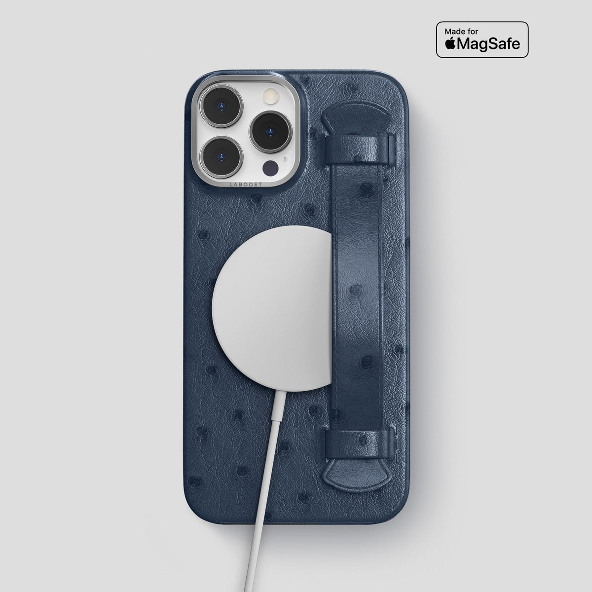 Navy-Blue iPhone 14 Pro Max Handle Case Ostrich with Steel Metal -5 | Navy-Blue-Steel