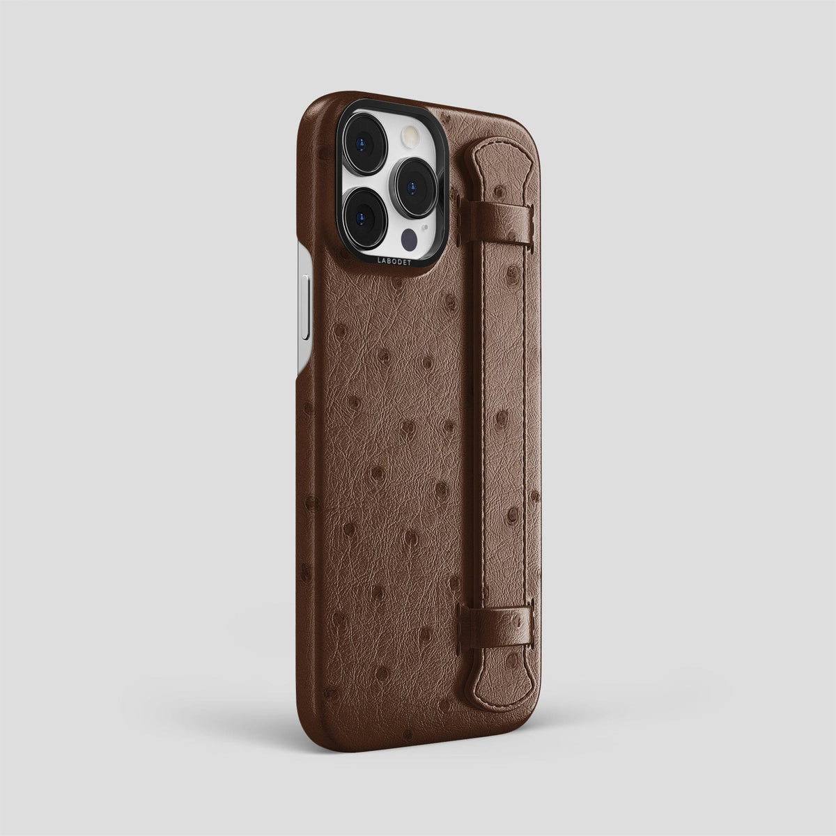 Chocolate iPhone 14 Pro Max Handle Case Ostrich with Black Metal -2 | Chocolate-Black