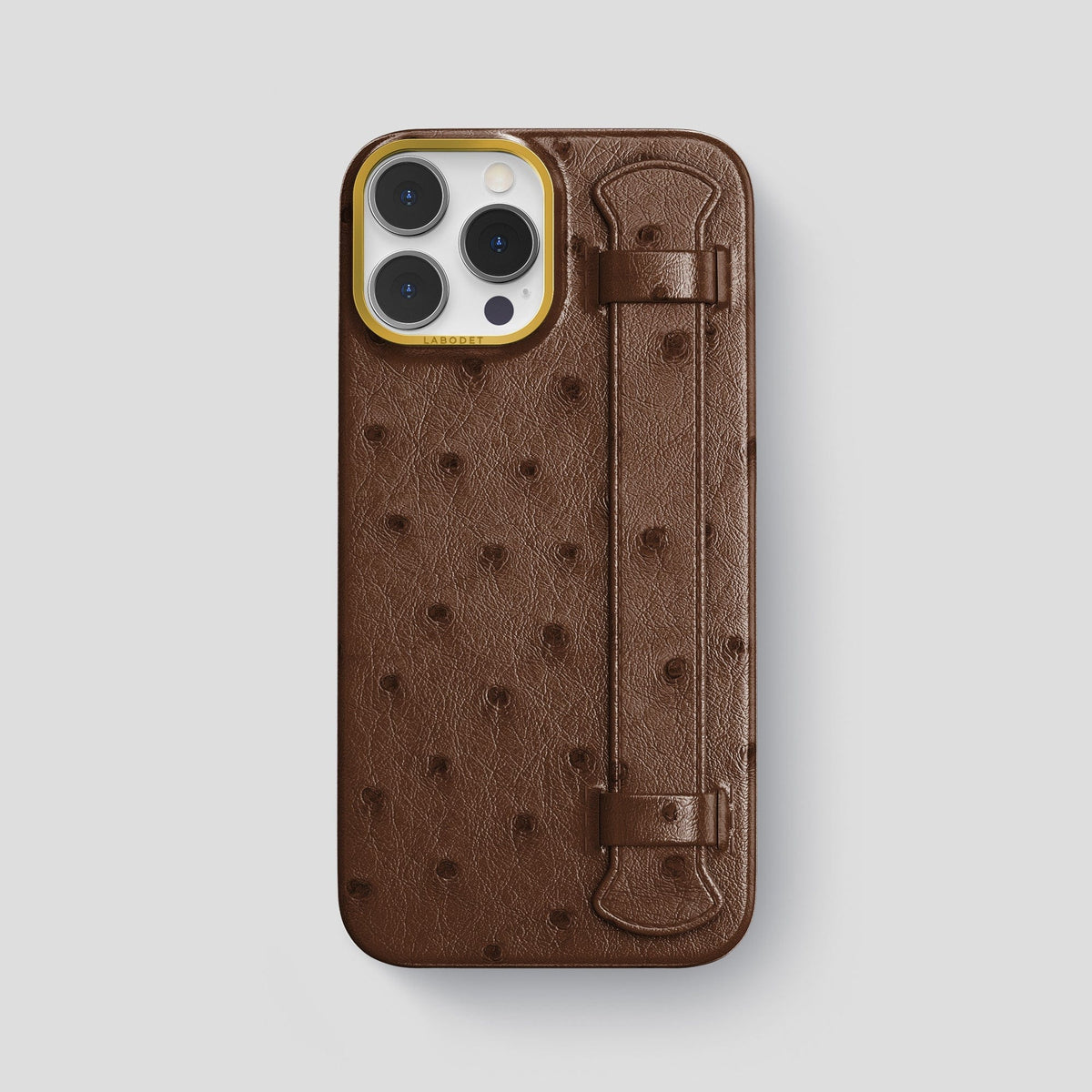 Chocolate iPhone 14 Pro Max Handle Case Ostrich with Gold Metal -1 | Chocolate-Gold
