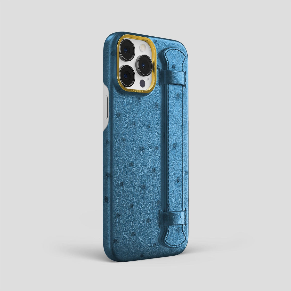 Blue-Jeans iPhone 14 Pro Max Handle Case Ostrich with Gold Metal -2 | Blue-Jeans-Gold