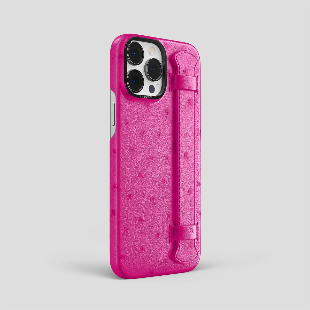 Fuchsia iPhone 14 Pro Max Handle Case Ostrich with Black Metal -2 | Fuchsia-Black
