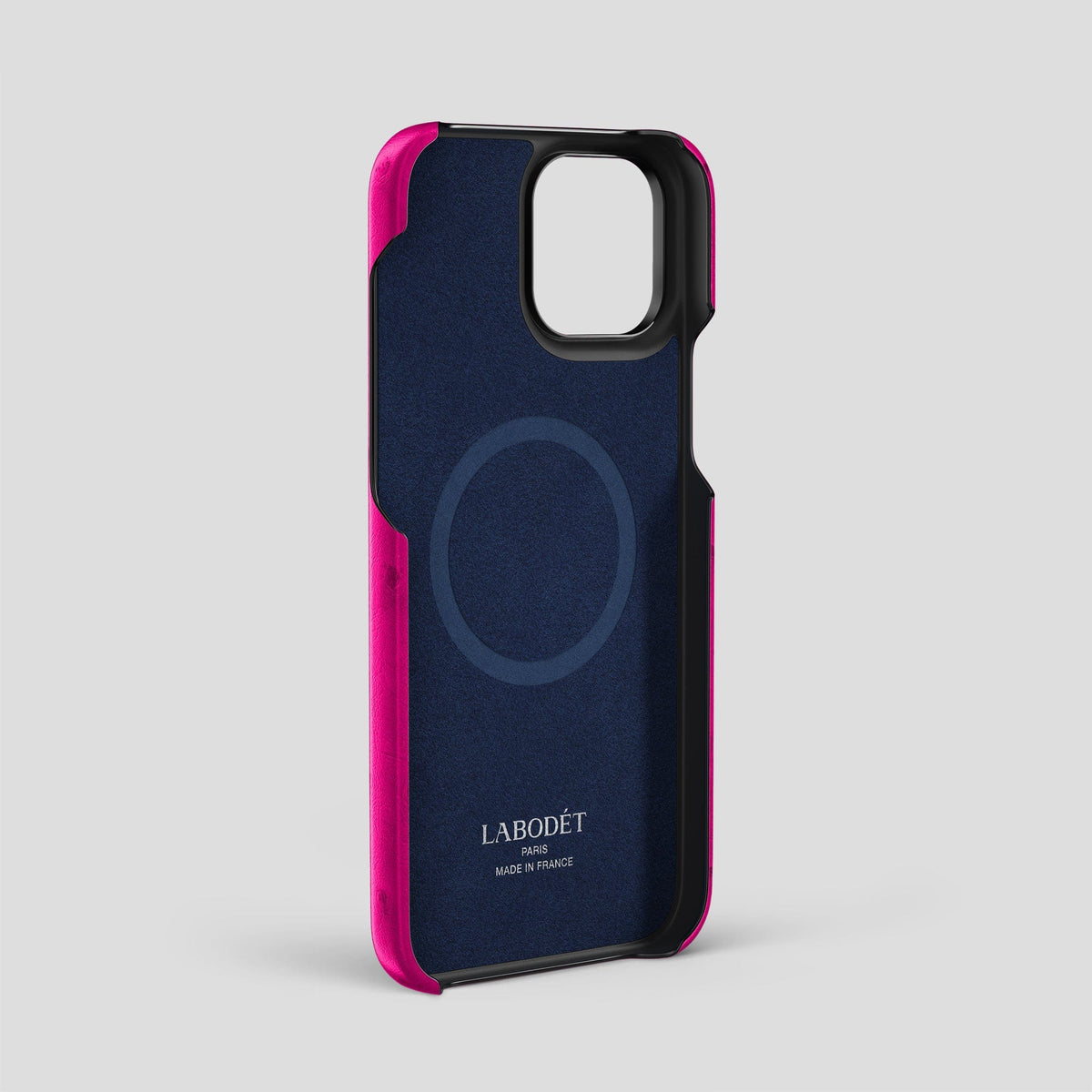Fuchsia iPhone 14 Pro Max Handle Case Ostrich with Black Metal -4 | Fuchsia-Black