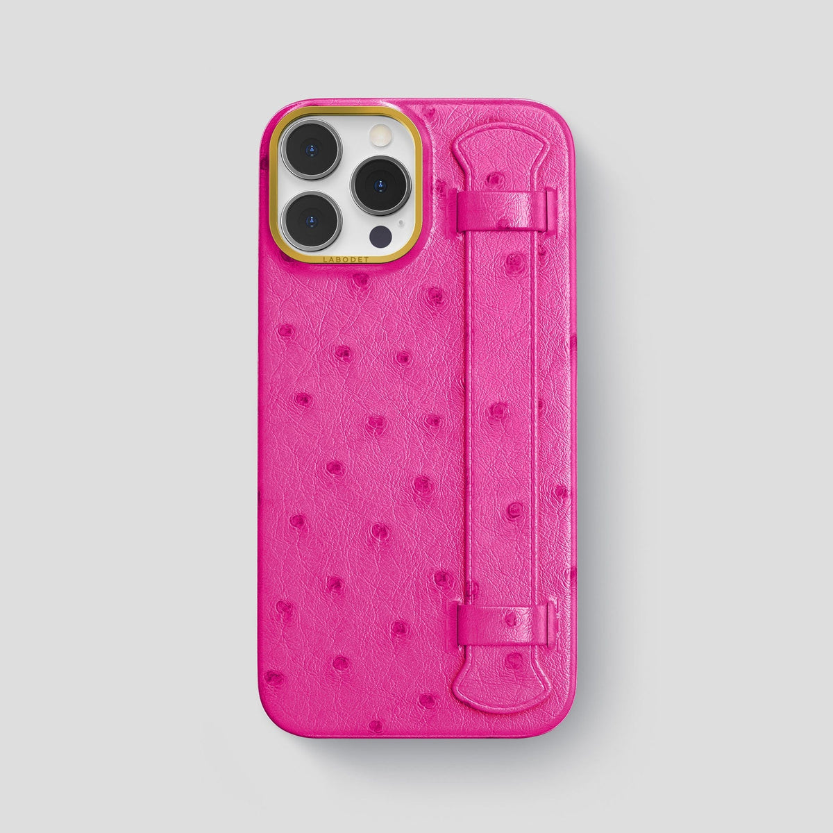 Fuchsia iPhone 14 Pro Max Handle Case Ostrich with Gold Metal -1 | Fuchsia-Gold