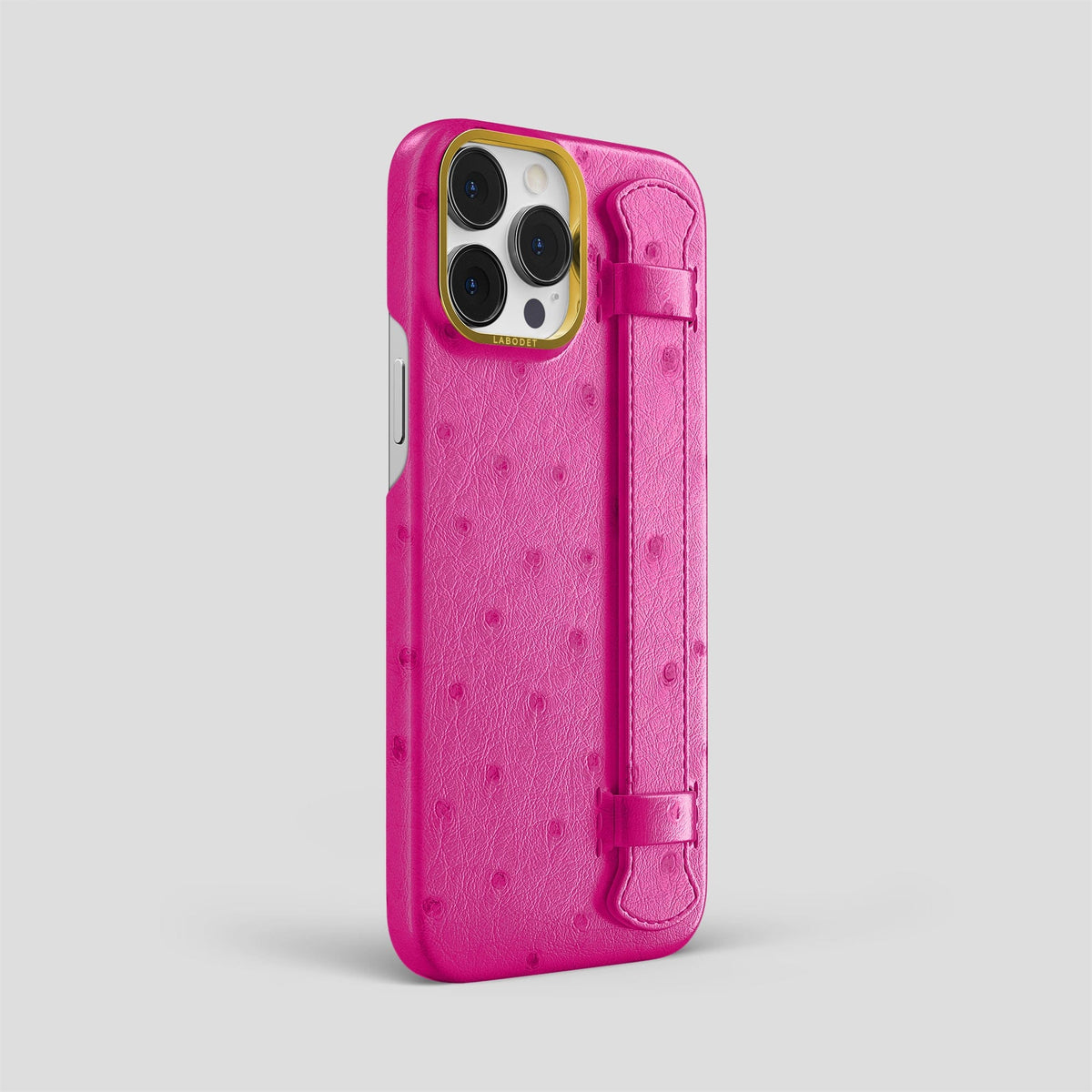 Fuchsia iPhone 14 Pro Max Handle Case Ostrich with Gold Metal -2 | Fuchsia-Gold