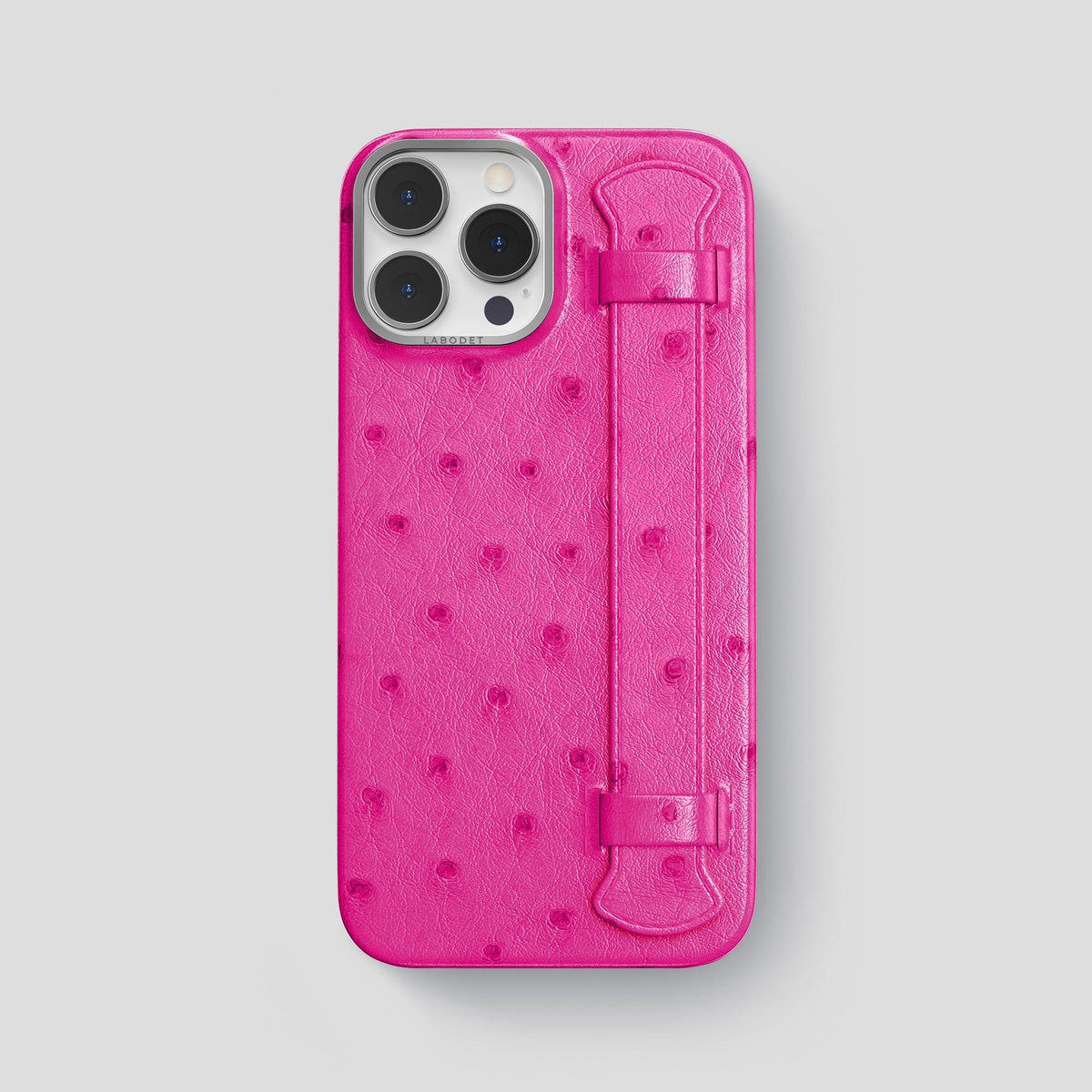 Fuchsia iPhone 14 Pro Max Handle Case Ostrich with Steel Metal -1 | Fuchsia-Steel