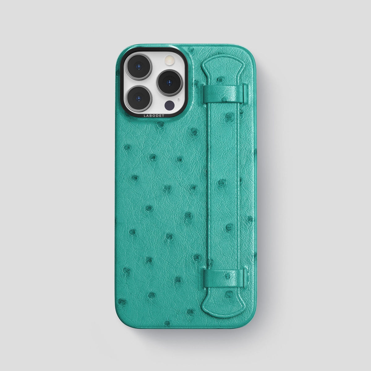 Turquoise iPhone 14 Pro Max Handle Case Ostrich with Black Metal -1 | Turquoise-Black