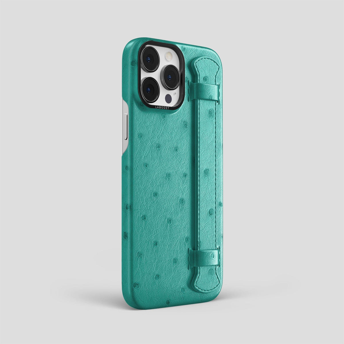 Turquoise iPhone 14 Pro Max Handle Case Ostrich with Black Metal -2 | Turquoise-Black