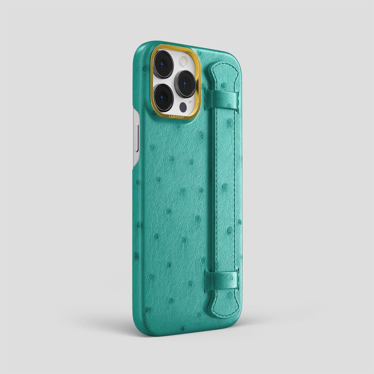 Turquoise iPhone 14 Pro Max Handle Case Ostrich with Gold Metal -2 | Turquoise-Gold