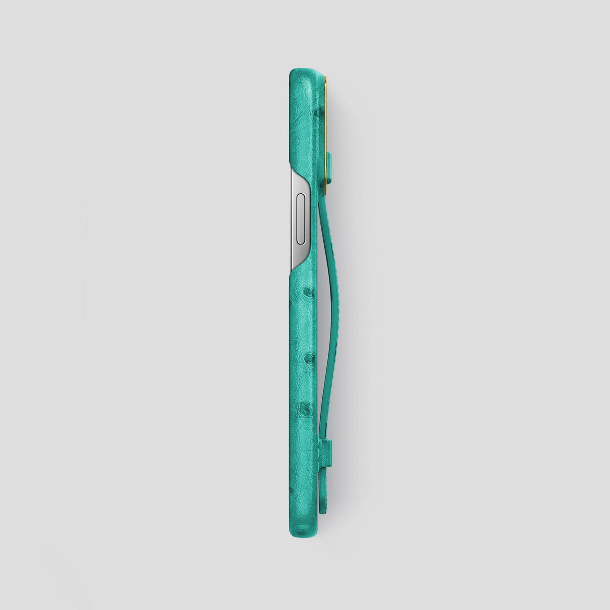 Turquoise iPhone 14 Pro Max Handle Case Ostrich with Gold Metal -3 | Turquoise-Gold