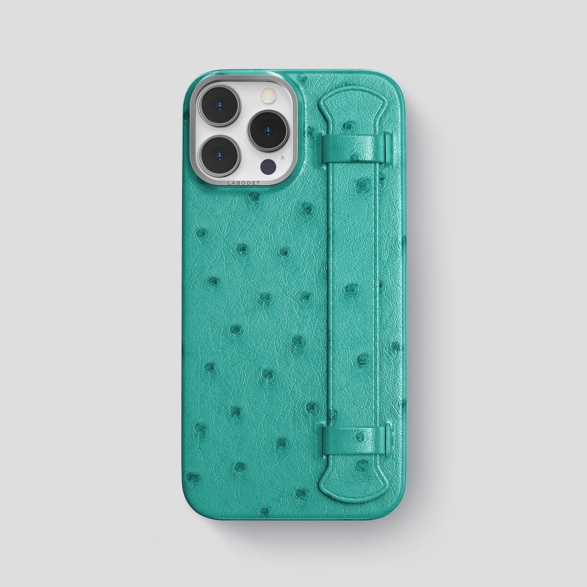 Turquoise iPhone 14 Pro Max Handle Case Ostrich with Steel Metal -1 | Turquoise-Steel