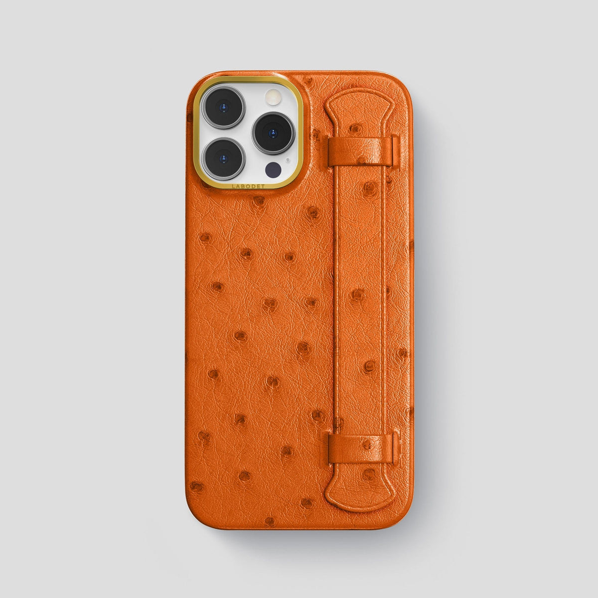 Medium-Brown iPhone 14 Pro Max Handle Case Ostrich with Gold Metal -1 | Medium-Brown-Gold