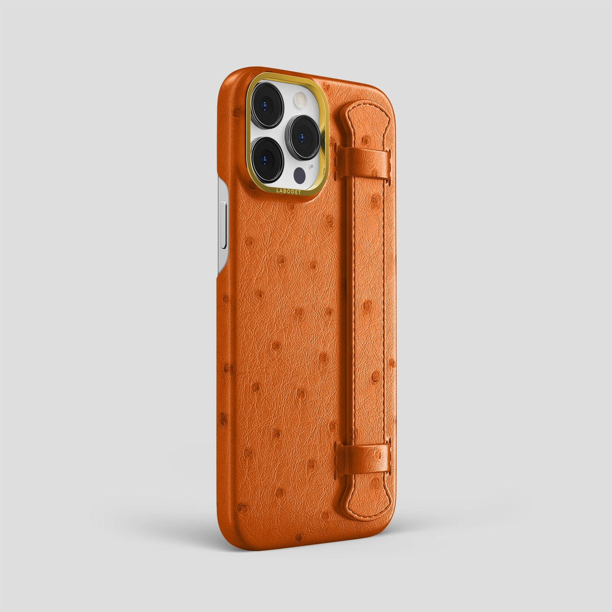 Medium-Brown iPhone 14 Pro Max Handle Case Ostrich with Gold Metal -2 | Medium-Brown-Gold
