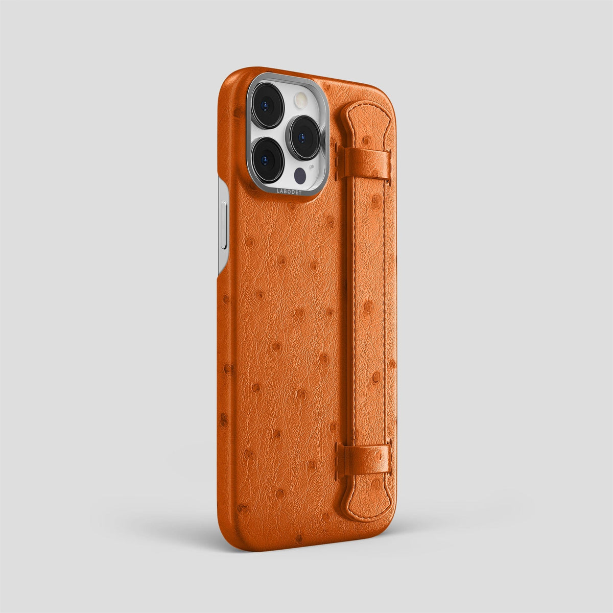 Medium-Brown iPhone 14 Pro Max Handle Case Ostrich with Steel Metal -2 | Medium-Brown-Steel