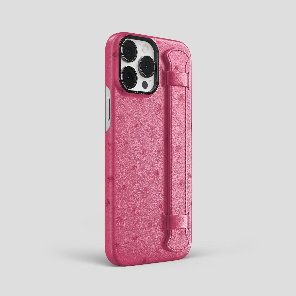 Petal Pink iPhone 14 Pro Max Handle Case Ostrich with Black Metal -2 | Petal-Pink-Black