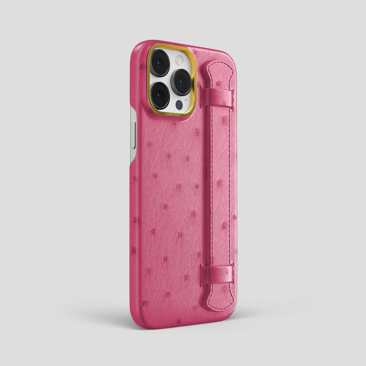 Petal Pink iPhone 14 Pro Max Handle Case Ostrich with Gold Metal -2 | Petal-Pink-Gold