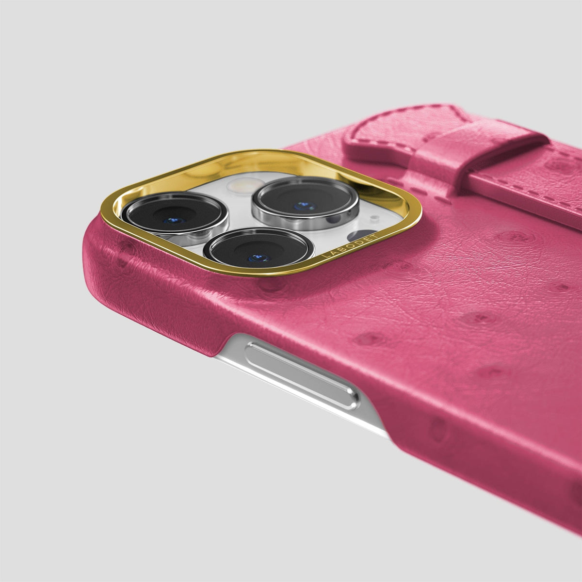 Petal Pink iPhone 14 Pro Max Handle Case Ostrich with Gold Metal -6 | Petal-Pink-Gold