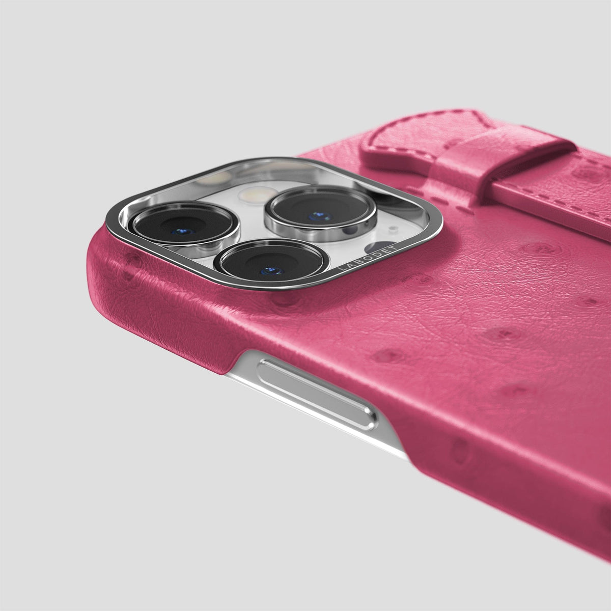Petal Pink iPhone 14 Pro Max Handle Case Ostrich with Steel Metal -6 | Petal-Pink-Steel