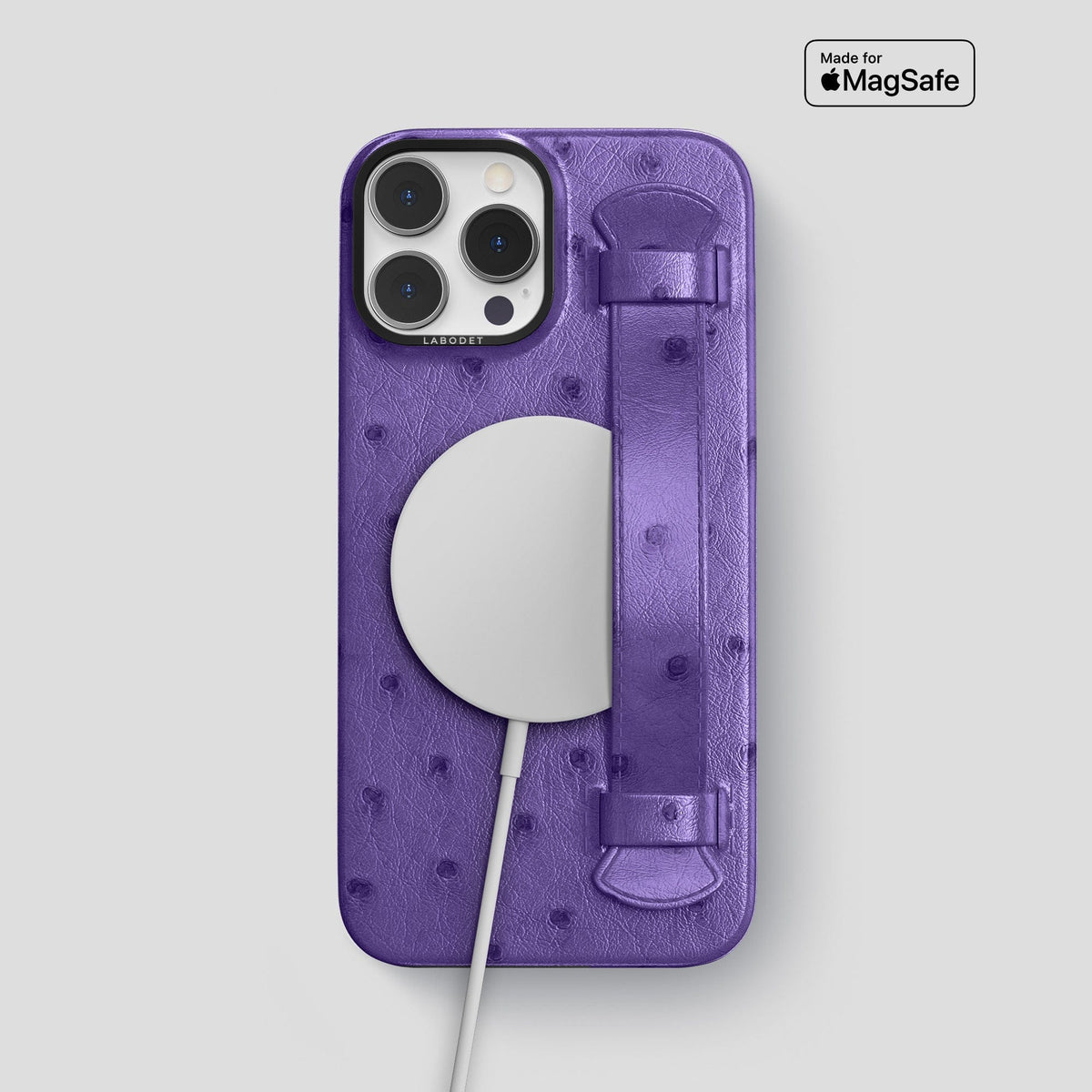 Purple iPhone 14 Pro Max Handle Case Ostrich with Black Metal -5 | Purple-Black