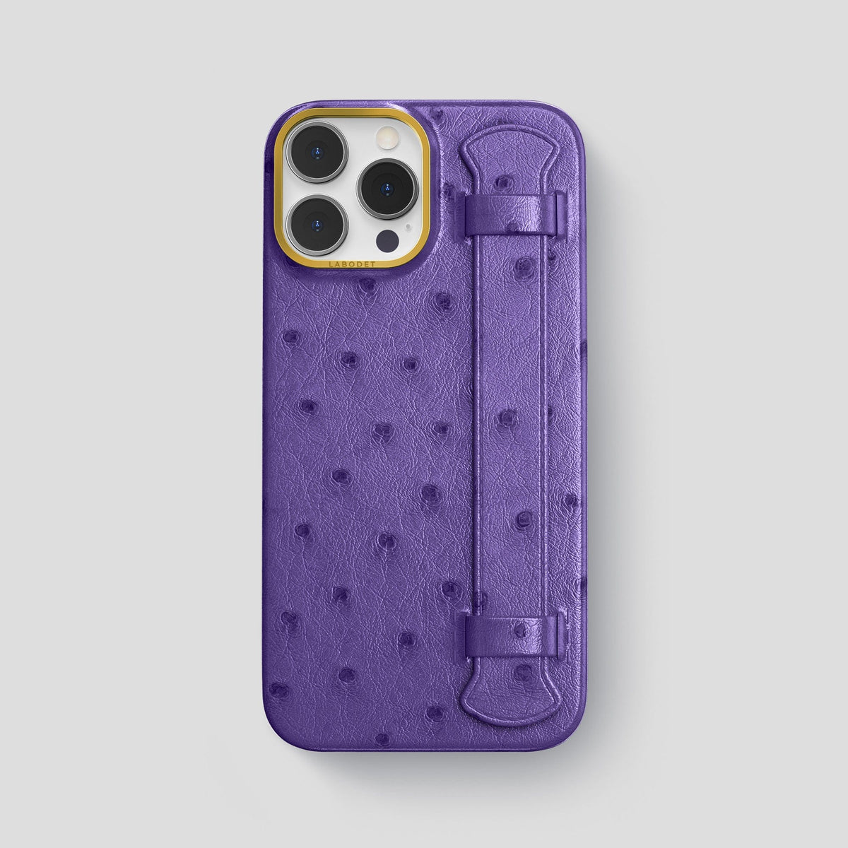 Purple iPhone 14 Pro Max Handle Case Ostrich with Gold Metal -1 | Purple-Gold