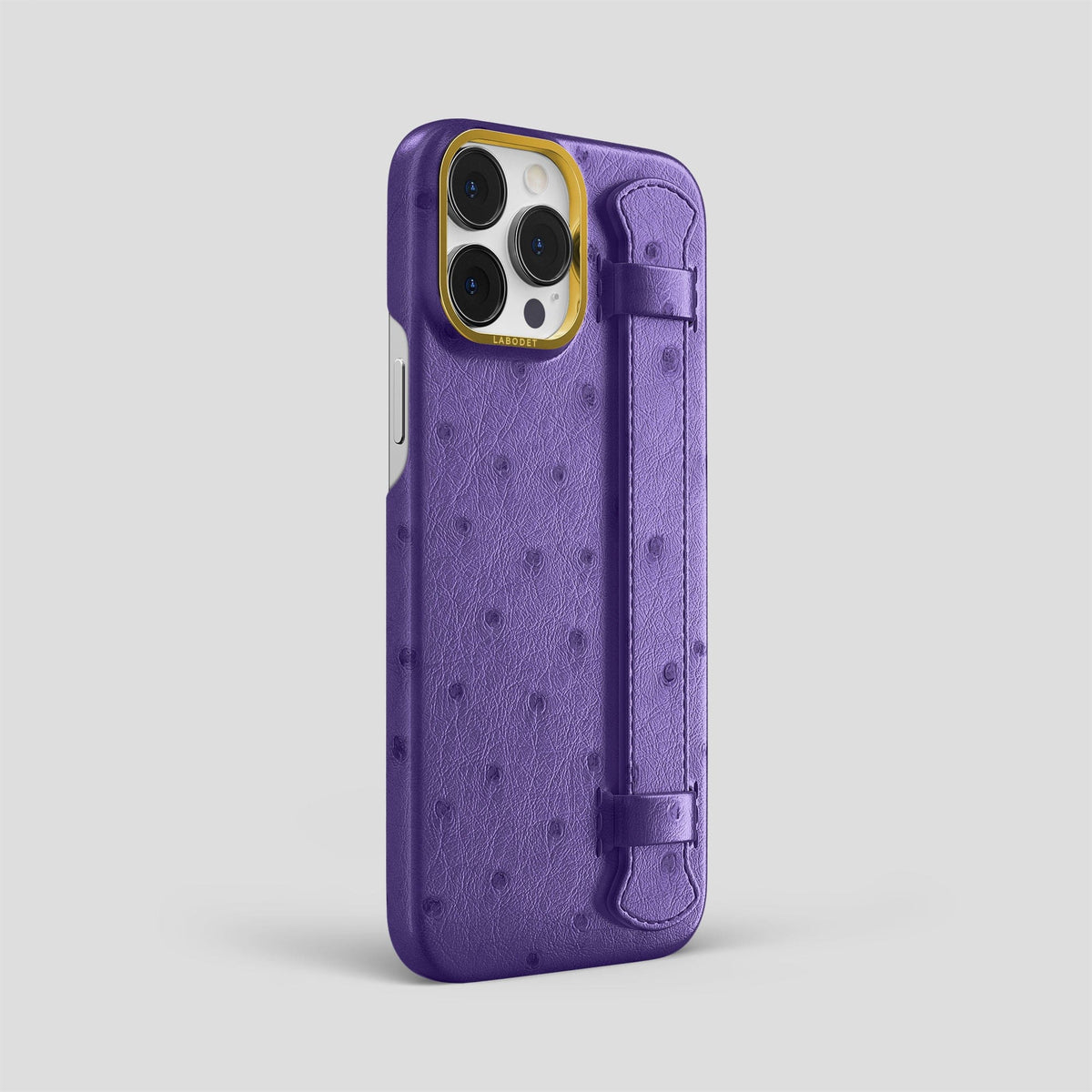 Purple iPhone 14 Pro Max Handle Case Ostrich with Gold Metal -2 | Purple-Gold