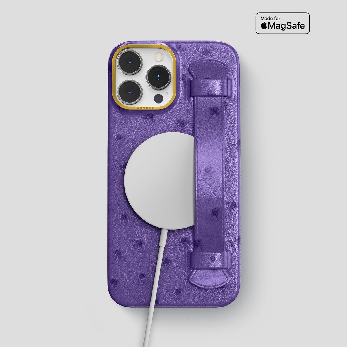 Purple iPhone 14 Pro Max Handle Case Ostrich with Gold Metal -5 | Purple-Gold