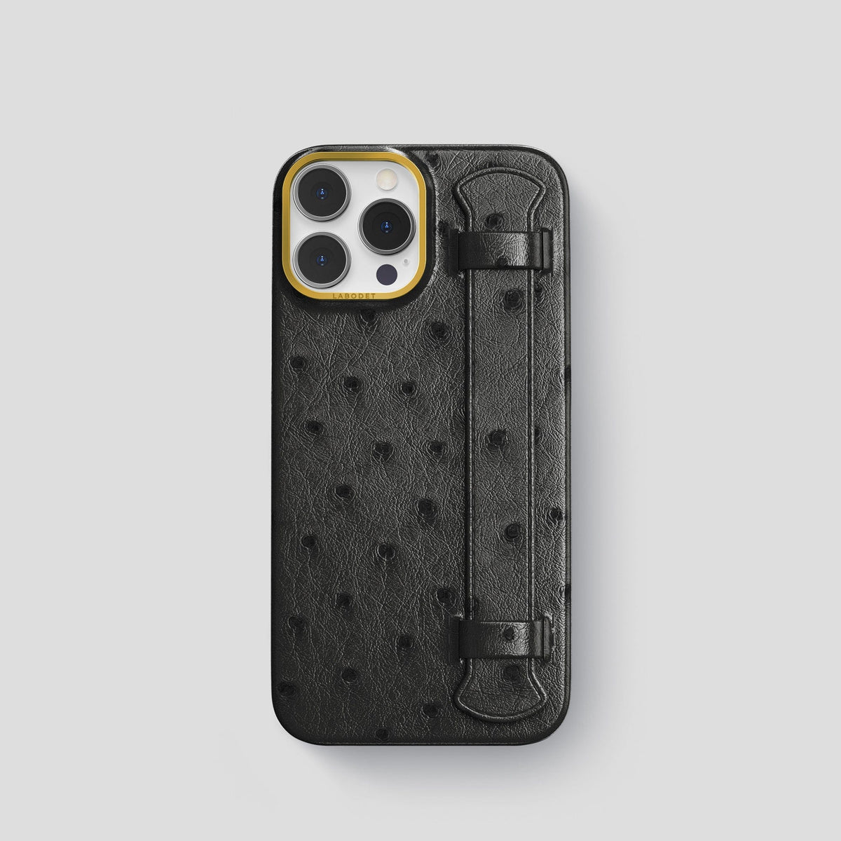 Black iPhone 14 Pro Handle Case Ostrich with Gold Metal -1 | Black-Gold