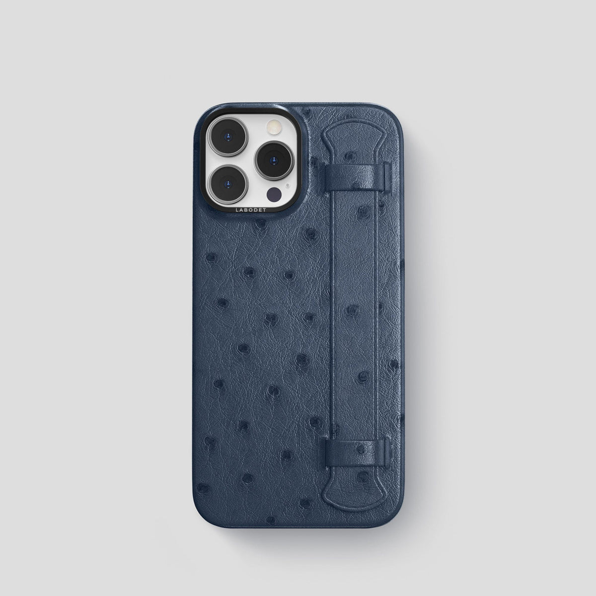 Navy-Blue iPhone 14 Pro Handle Case Ostrich with Black Metal -1 | Navy-Blue-Black