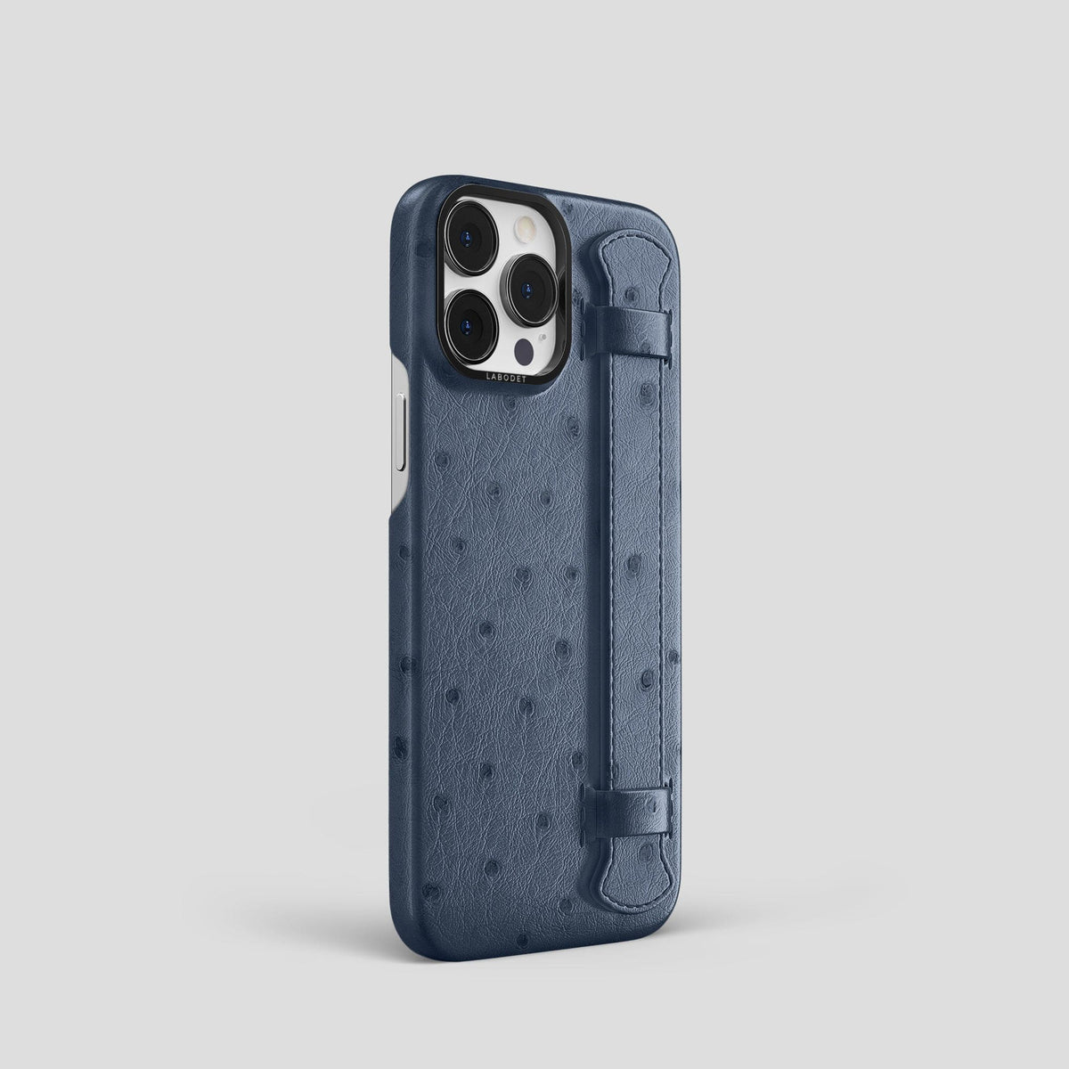Navy-Blue iPhone 14 Pro Handle Case Ostrich with Black Metal -2 | Navy-Blue-Black