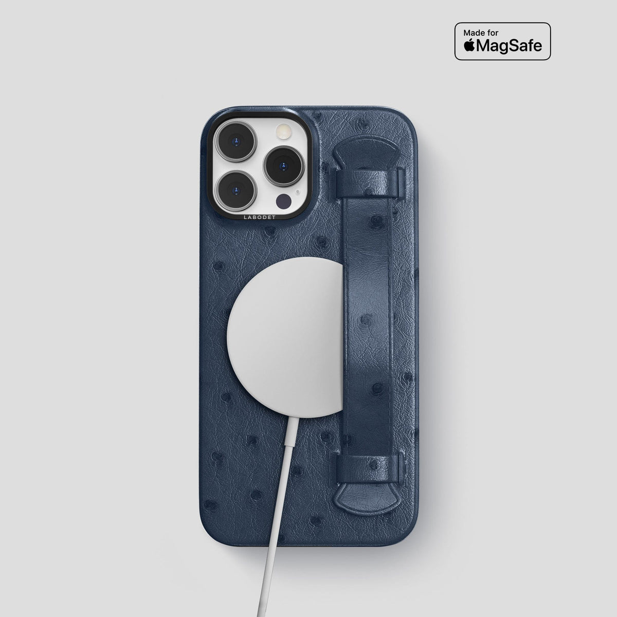 Navy-Blue iPhone 14 Pro Handle Case Ostrich with Black Metal -5 | Navy-Blue-Black