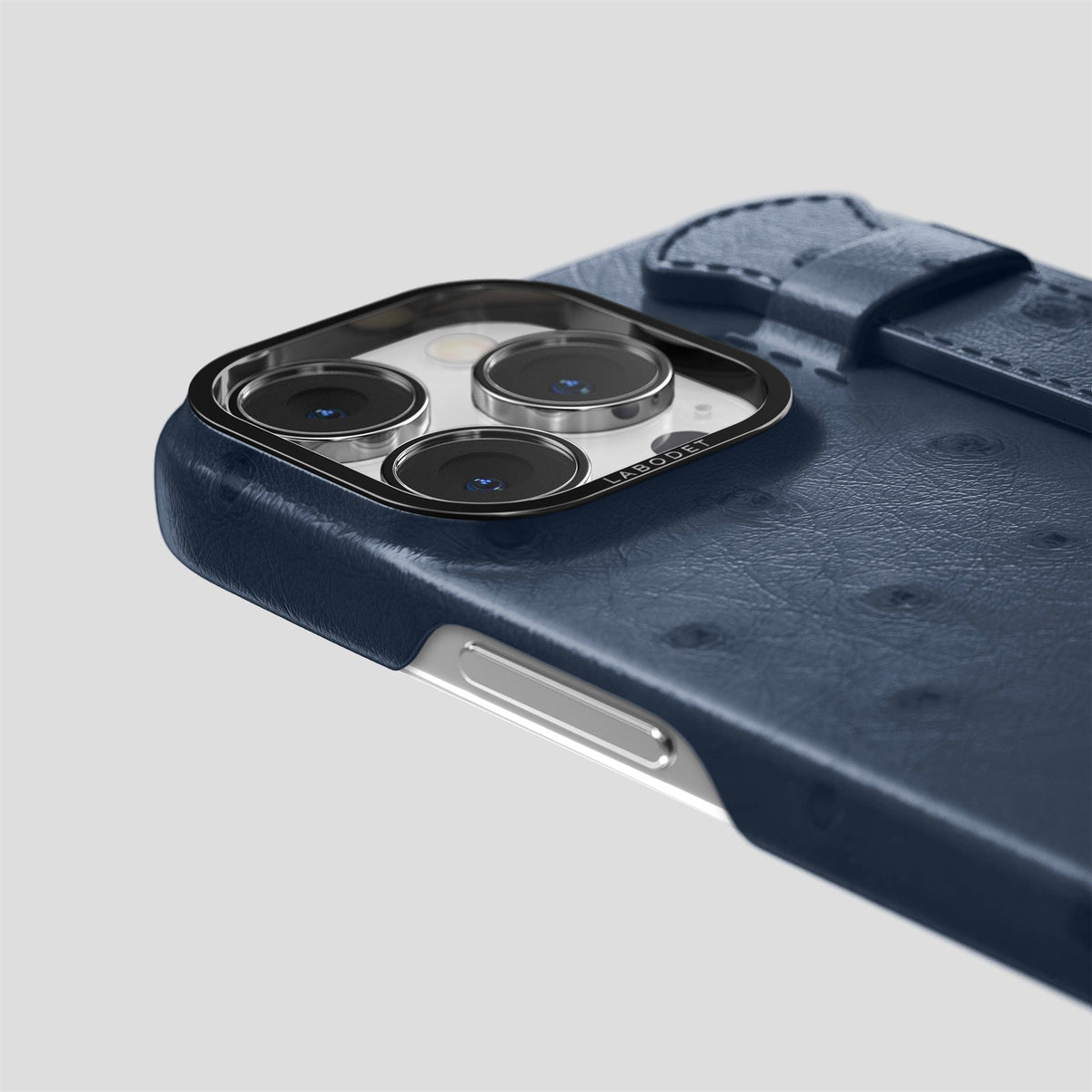 Navy-Blue iPhone 14 Pro Handle Case Ostrich with Black Metal -6 | Navy-Blue-Black