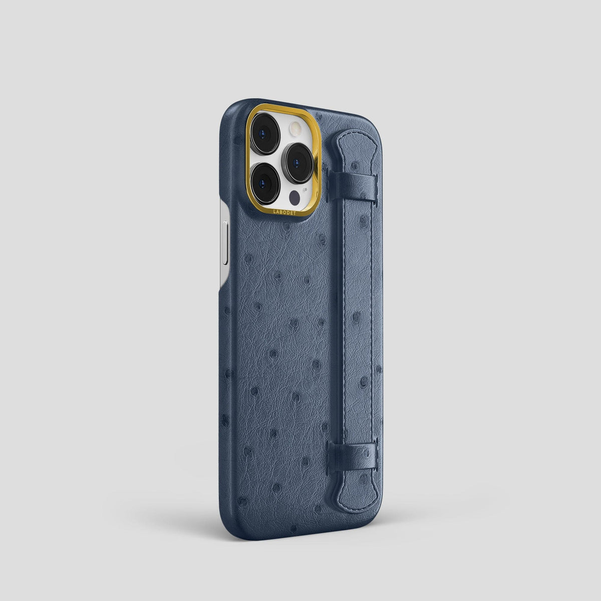 Navy-Blue iPhone 14 Pro Handle Case Ostrich with Gold Metal -2 | Navy-Blue-Gold
