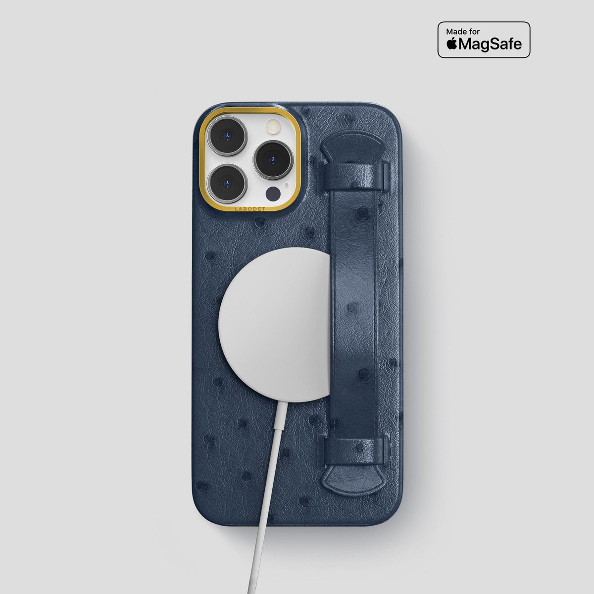 Navy-Blue iPhone 14 Pro Handle Case Ostrich with Gold Metal -5 | Navy-Blue-Gold