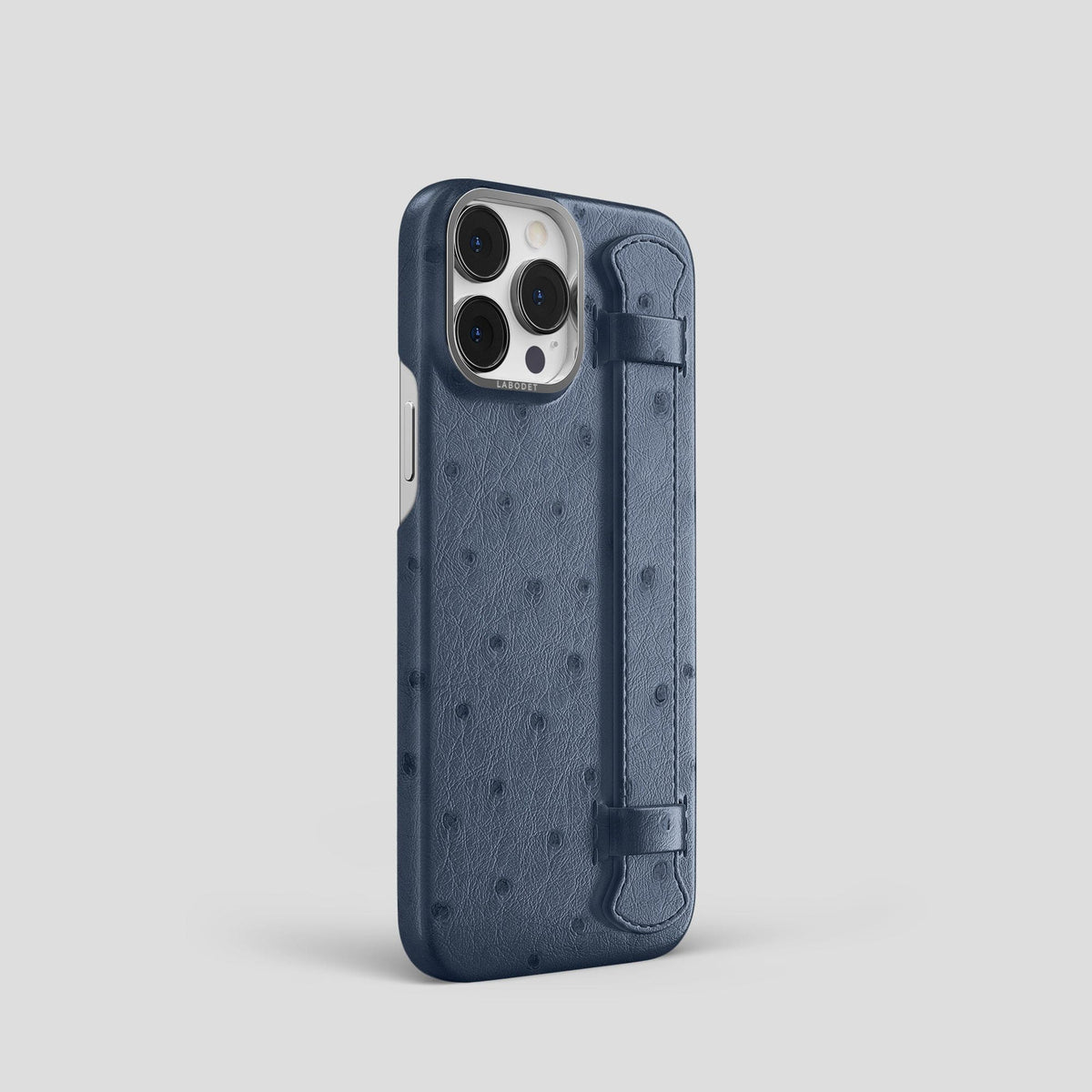 Navy-Blue iPhone 14 Pro Handle Case Ostrich with Steel Metal -2 | Navy-Blue-Steel