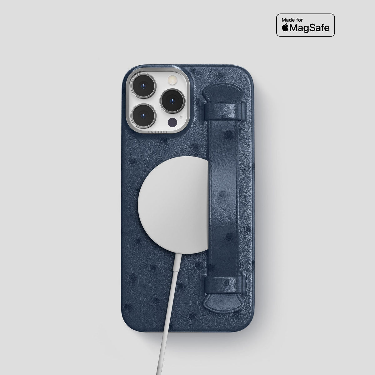 Navy-Blue iPhone 14 Pro Handle Case Ostrich with Steel Metal -5 | Navy-Blue-Steel