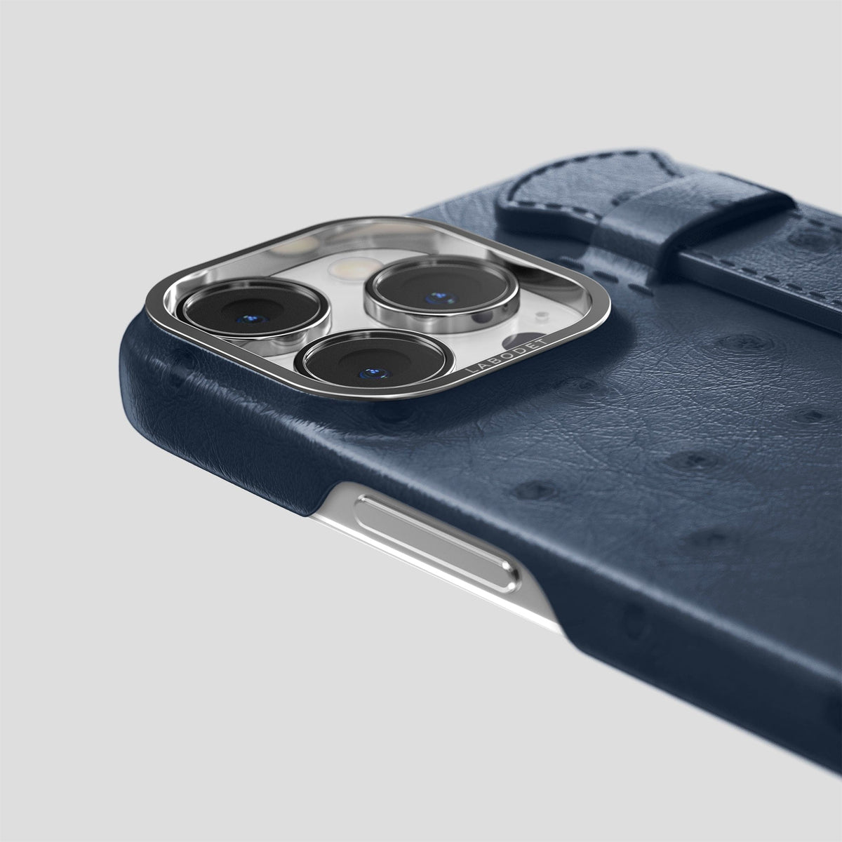 Navy-Blue iPhone 14 Pro Handle Case Ostrich with Steel Metal -6 | Navy-Blue-Steel