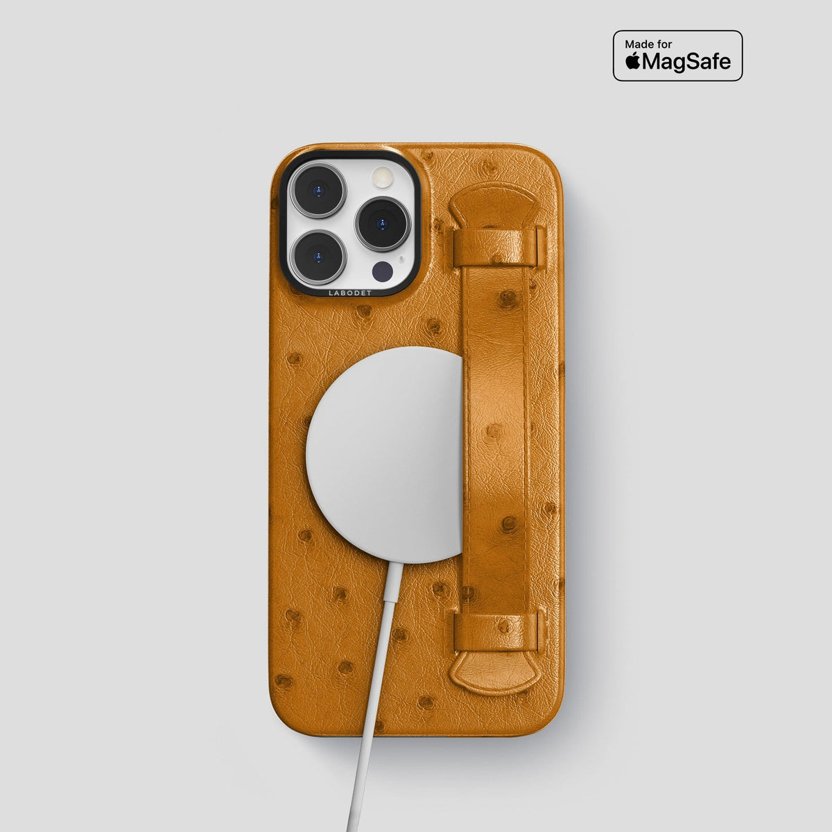 Chestnut iPhone 14 Pro Handle Case Ostrich with Black Metal -5 | Chestnut-Black