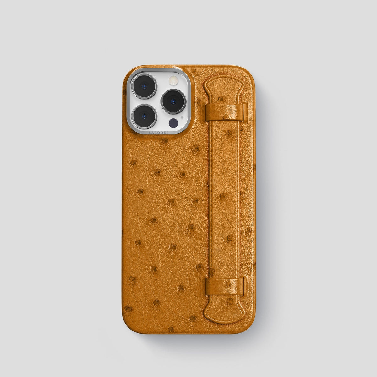 Chestnut iPhone 14 Pro Handle Case Ostrich with Steel Metal -1 | Chestnut-Steel