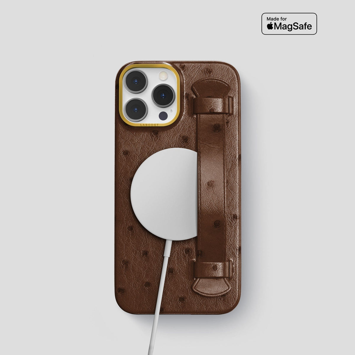 Chocolate iPhone 14 Pro Max Handle Case Ostrich with Gold Metal -5 | Chocolate-Gold