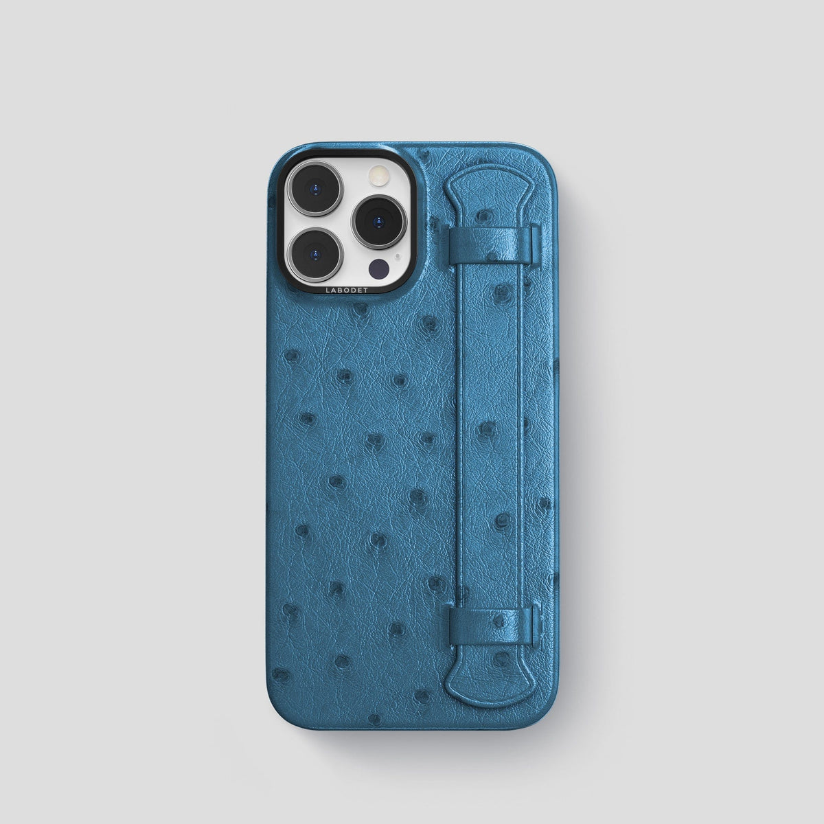 Blue-Jeans iPhone 13 Pro Handle Case Ostrich with Black Metal -1 | Blue-Jeans-Black