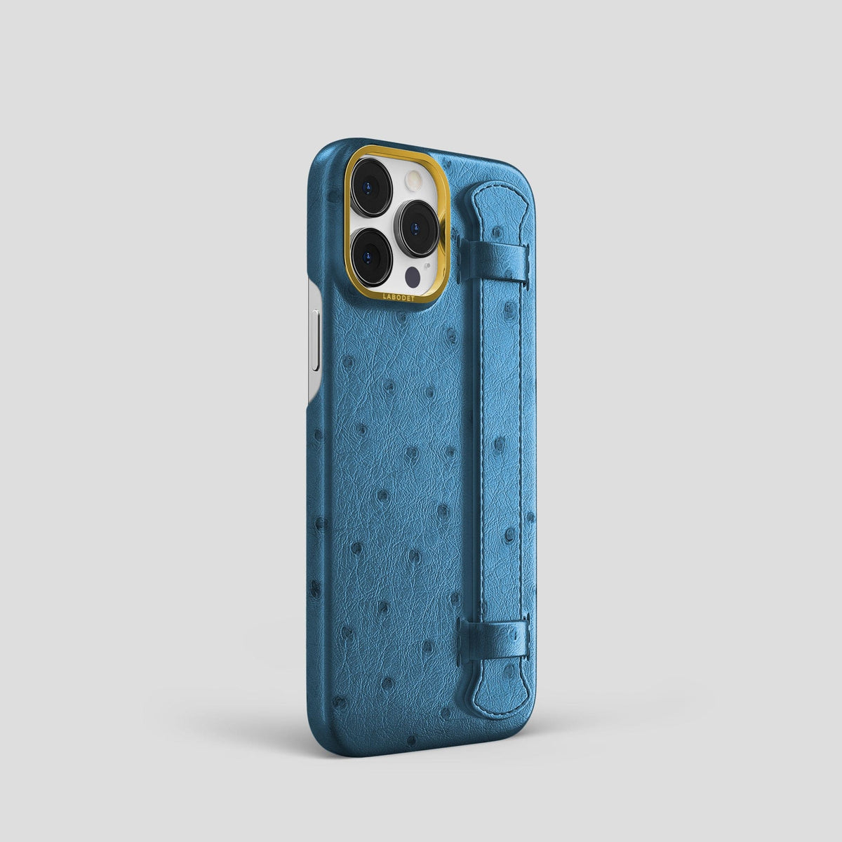 Blue-Jeans iPhone 13 Pro Handle Case Ostrich with Gold Metal -2 | Blue-Jeans-Gold