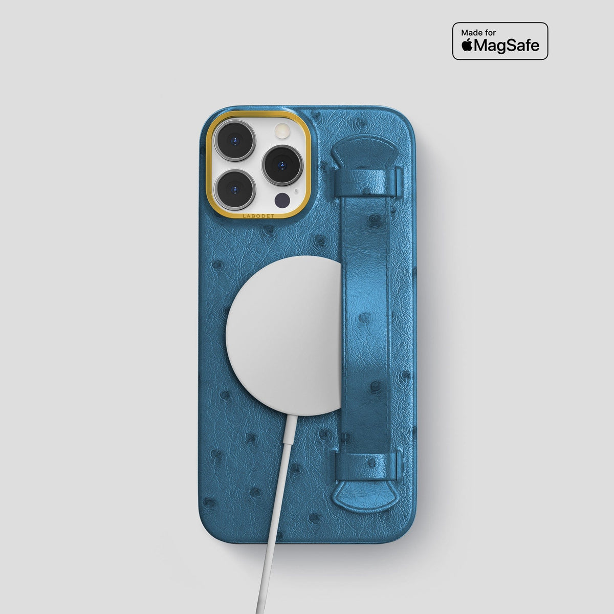 Blue-Jeans iPhone 13 Pro Handle Case Ostrich with Gold Metal -5 | Blue-Jeans-Gold