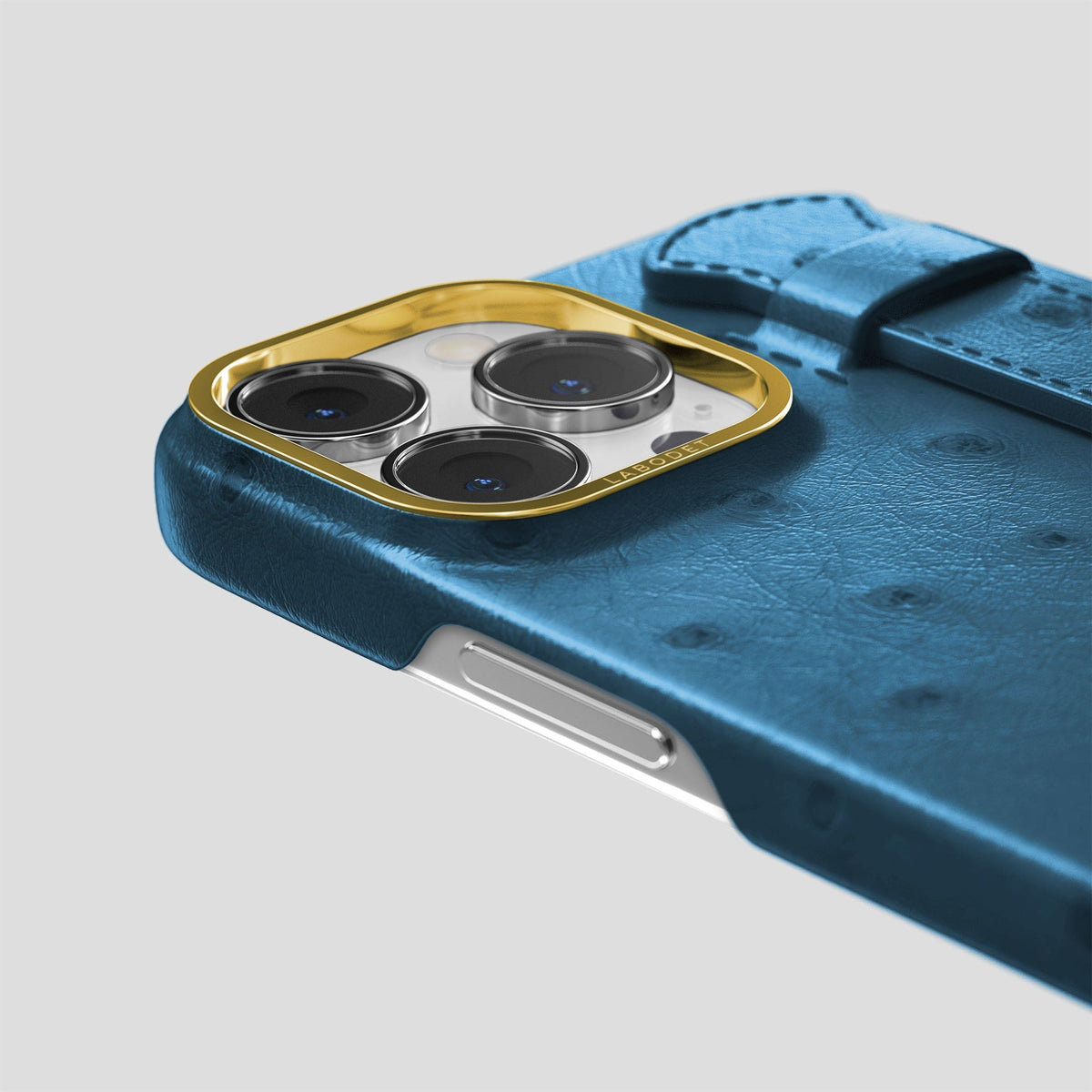 Blue-Jeans iPhone 13 Pro Handle Case Ostrich with Gold Metal -6 | Blue-Jeans-Gold